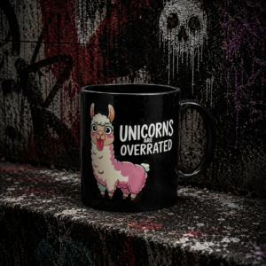 Unicorns Are Overrated Llama Black Coffee Mug — Funny 11oz/15oz Gift