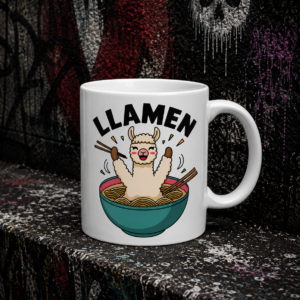 Llama Ramen Ceramic Mug – Cute Llama Eating Ramen, Funny Kawaii Coffee Cup (11oz/15oz)