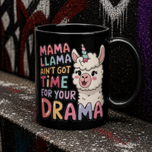 Mama Llama Ain't Got Time For Your Drama Black Coffee Mug (11oz/15oz)